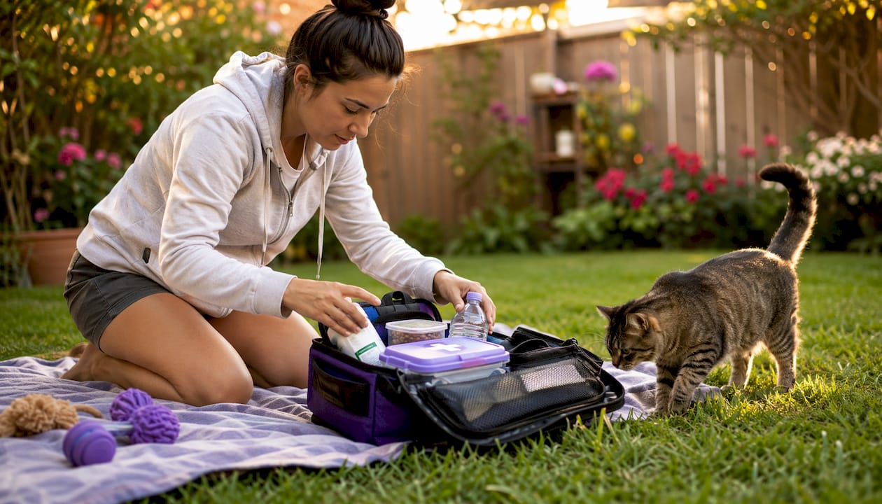 Woman packing emergency pet care kit at home
