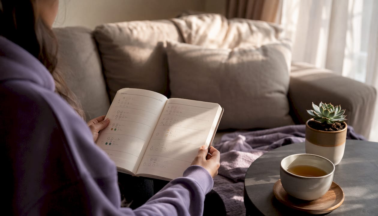 Hands holding smartphone over wellness check-in log