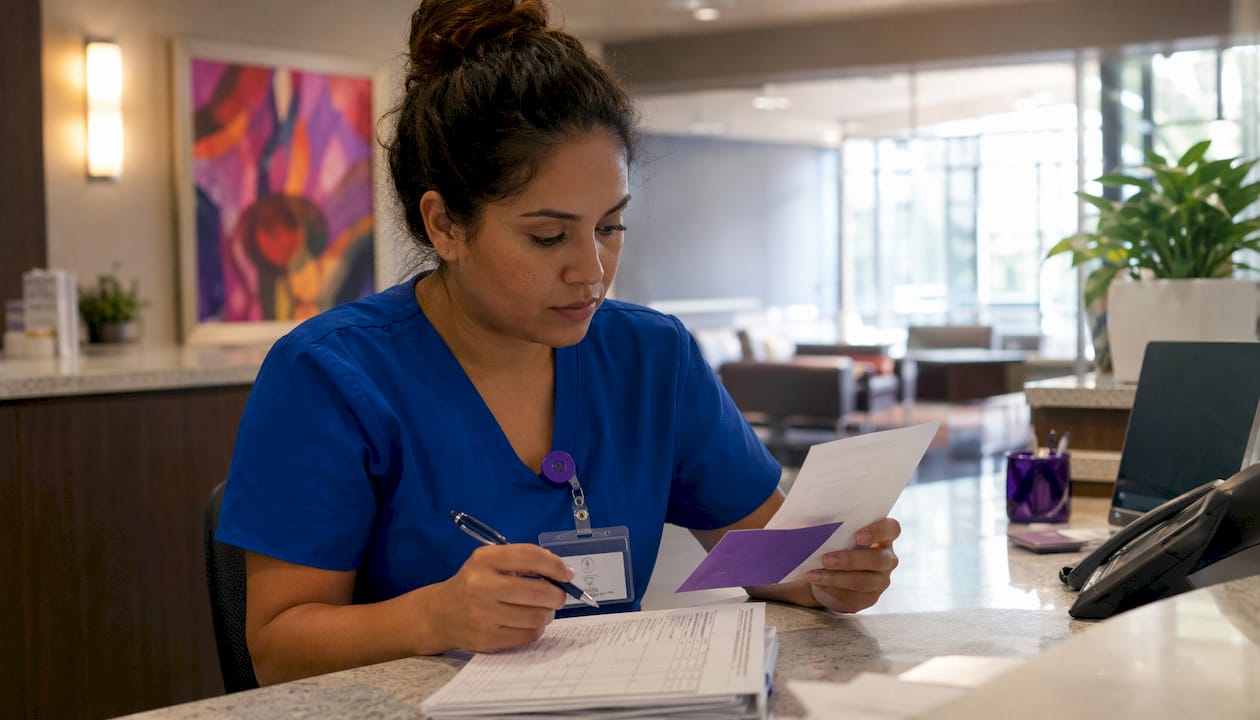 Hospital nurse reviewing pet care emergency documents