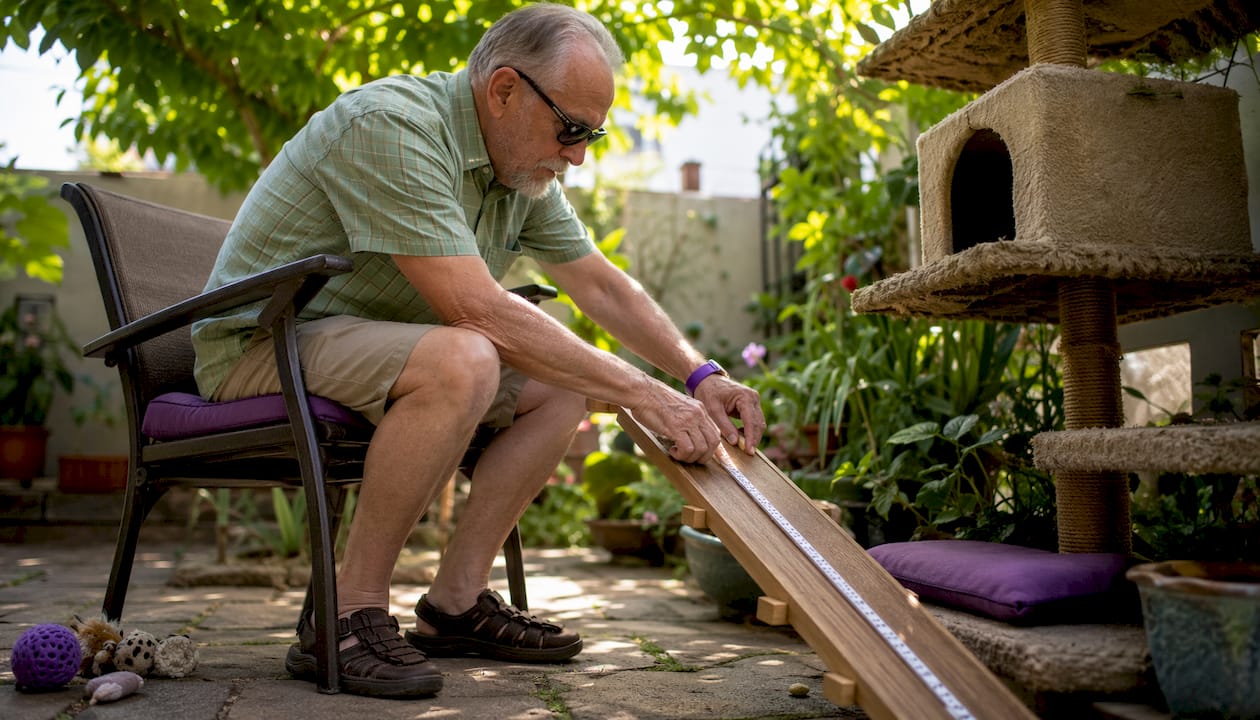 Elderly man adjusting cat ramp for pet safety