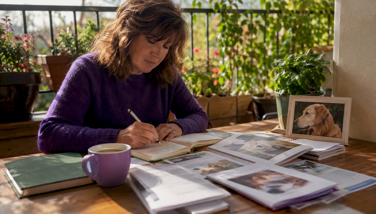 Woman planning pet care at home kitchen table