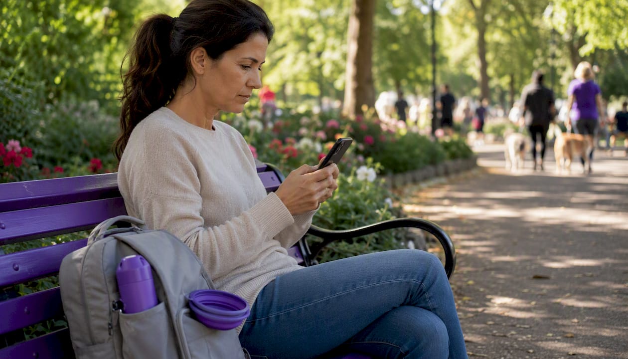 Hands holding phone with pet safety alert outdoors