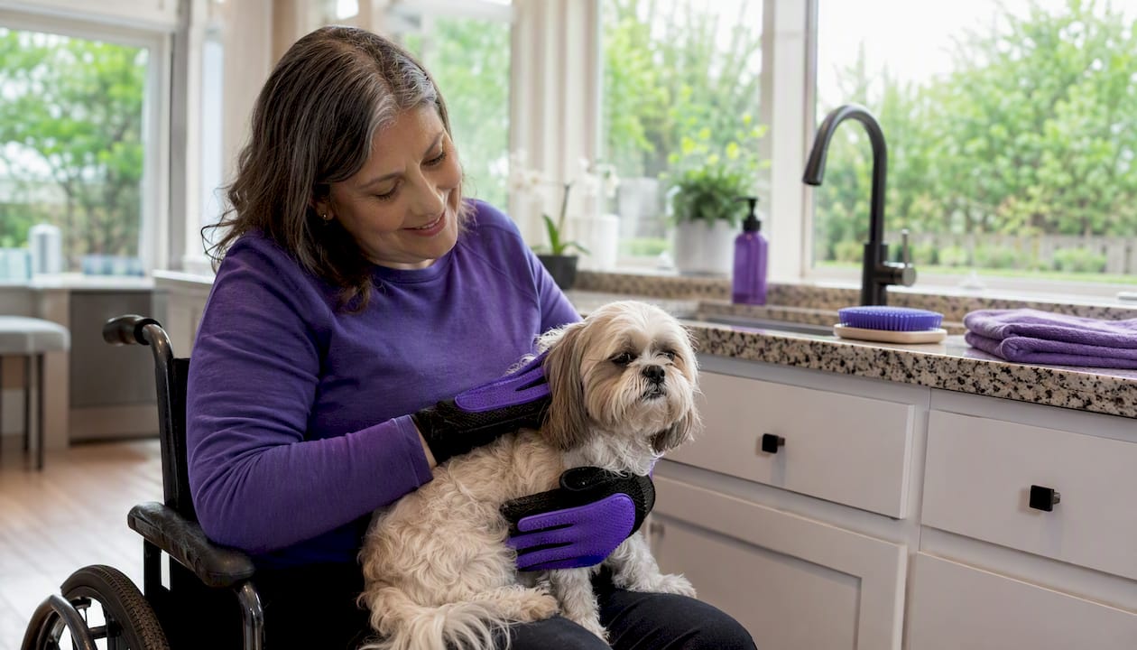 Disabled woman grooming dog at home