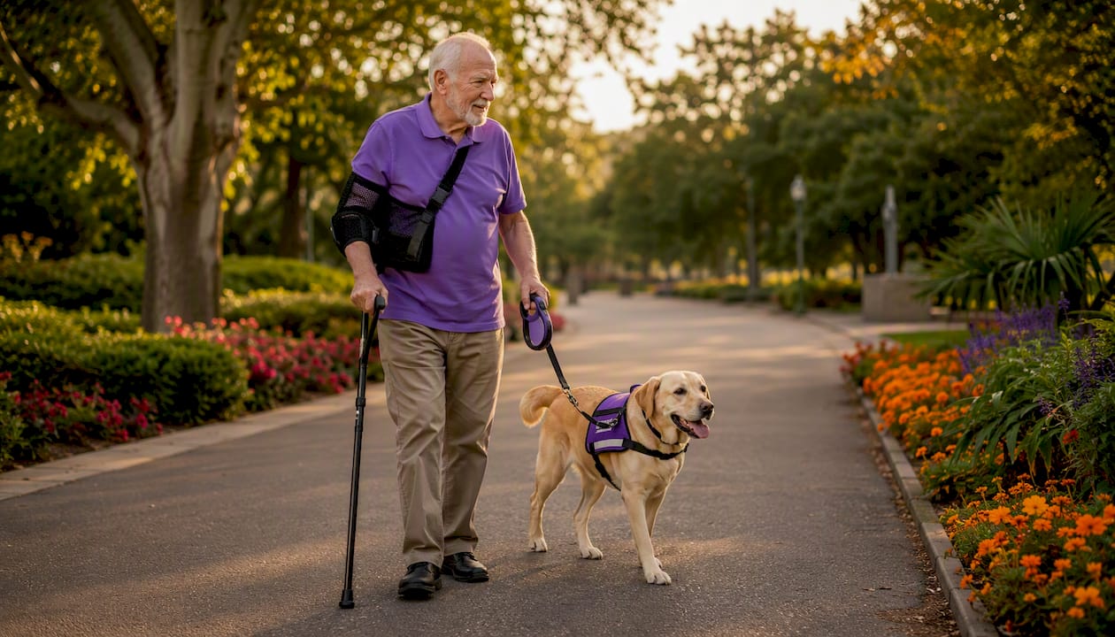 Disabled man walking service dog outdoors