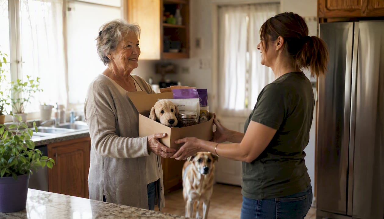 Pet rescue volunteer delivering supplies to elderly owner