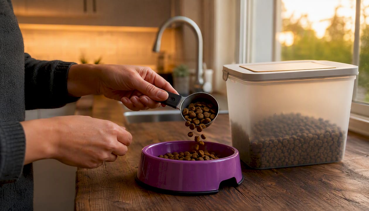 Caregiver measuring dog food with scoop