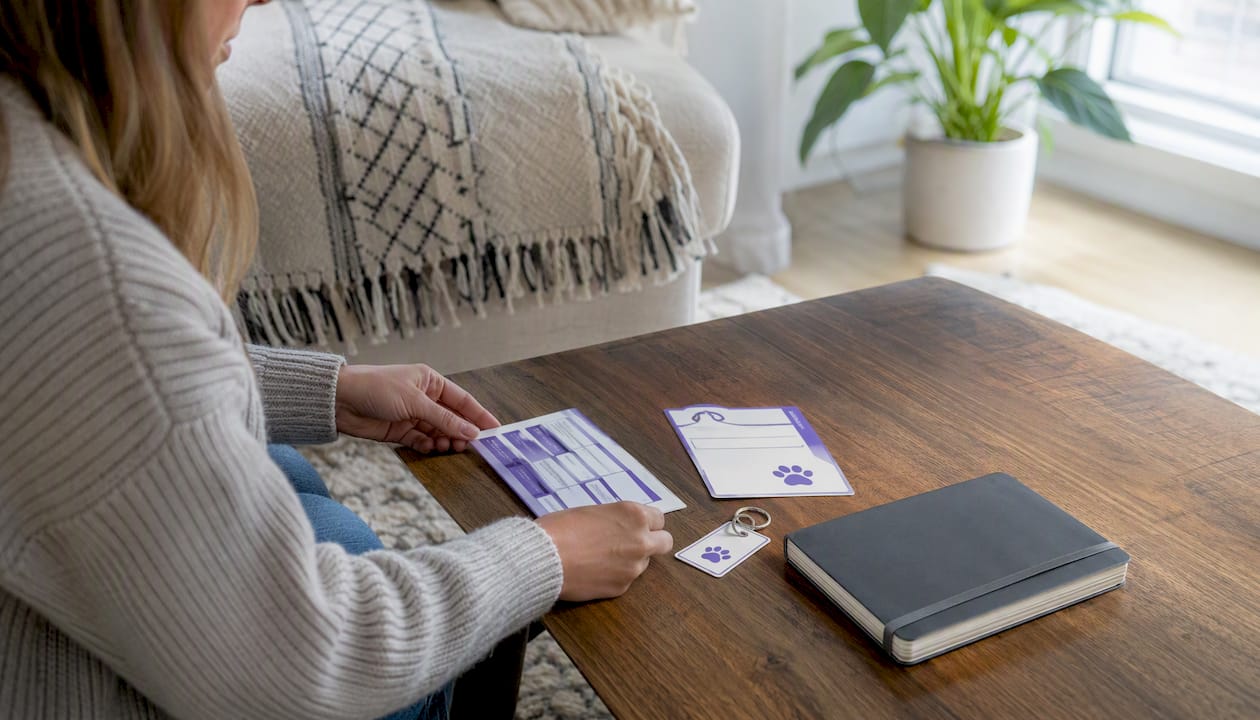 Emergency pet information cards laid out on table
