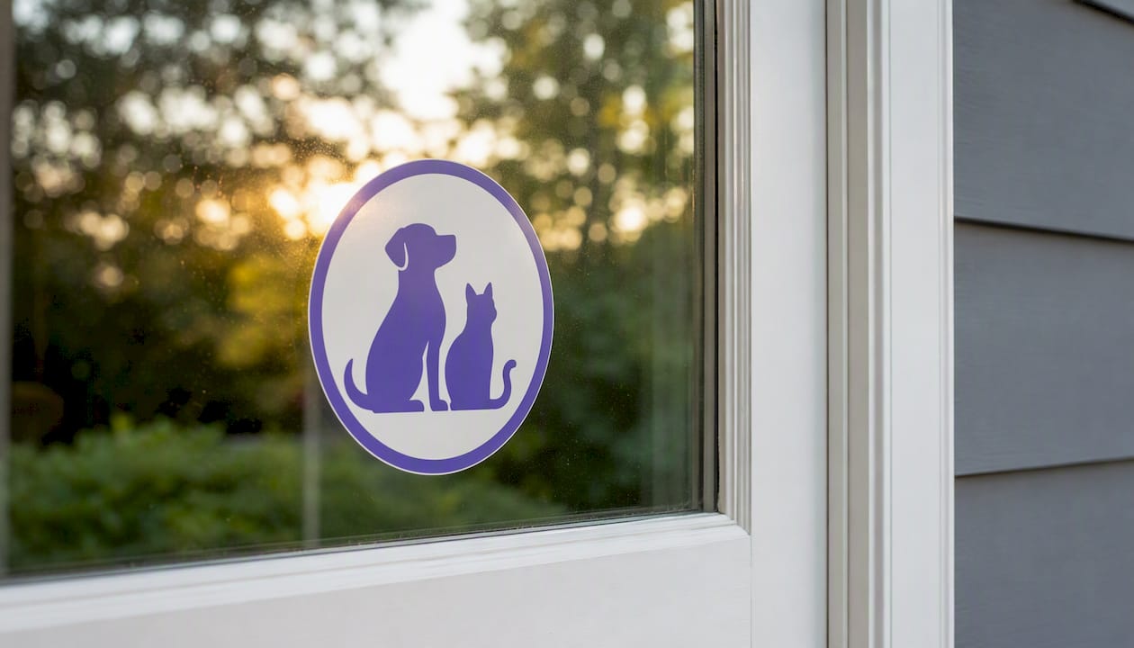 Pet safety warning window sticker on door glass