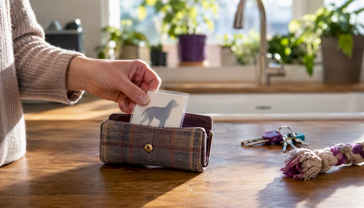 Hand placing laminated pet card in wallet