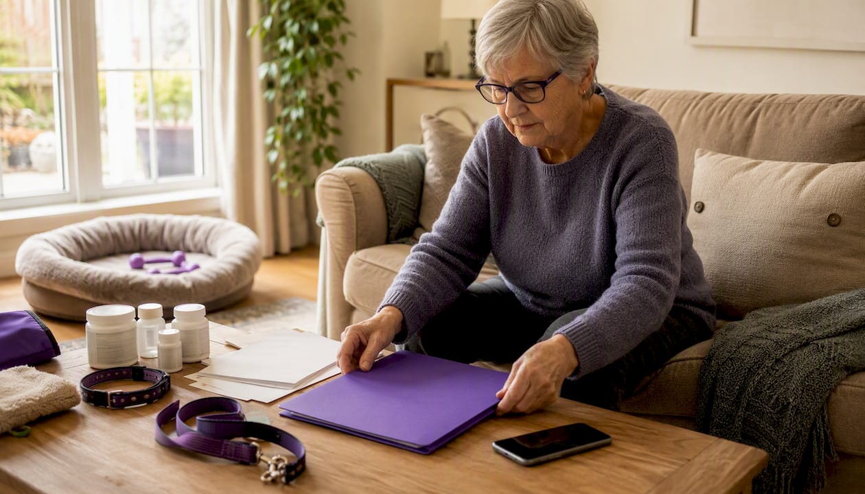 Elderly pet owner assembling pet care kit