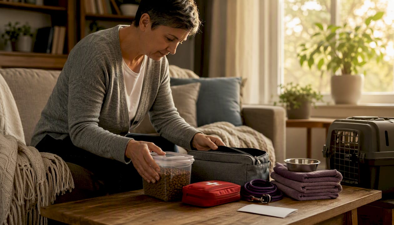 Hands arranging emergency pet care kit