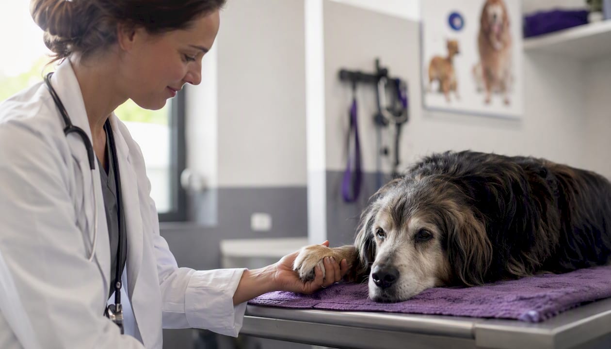 Vet examining elderly dog paw