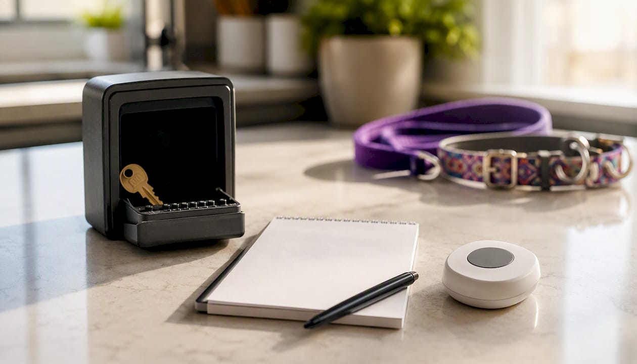 Arrangement of pet welfare check tools on desk