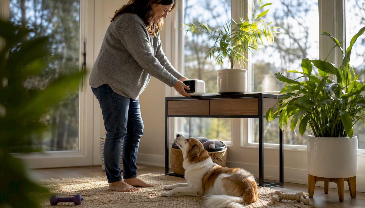 Pet owner placing welfare check device near resting dog