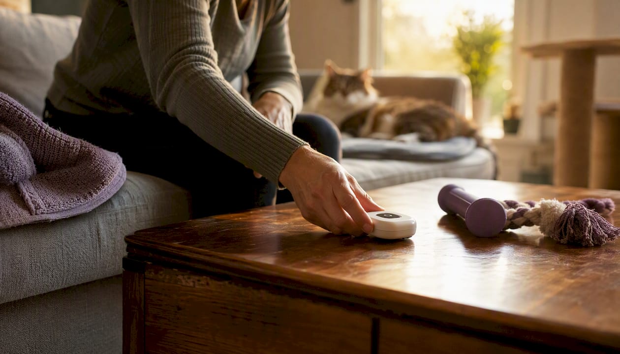 Hands placing emergency alert device beside dog supplies