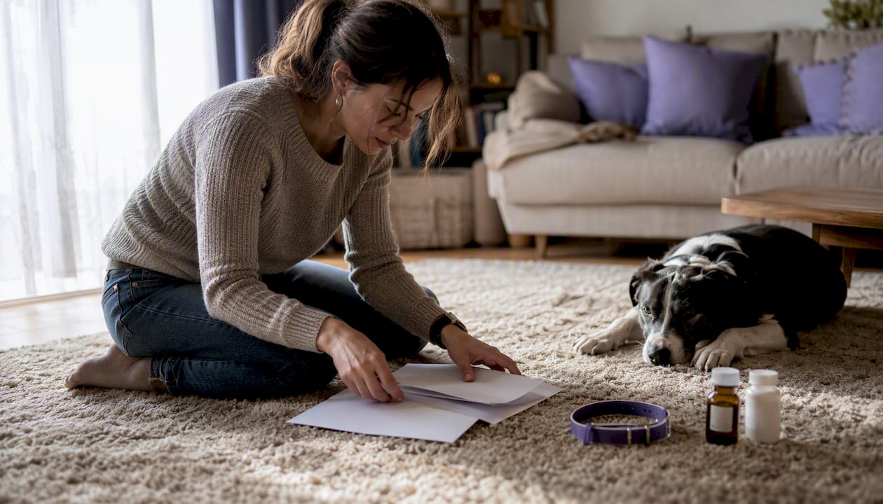 Hands organizing pet emergency documents on desk