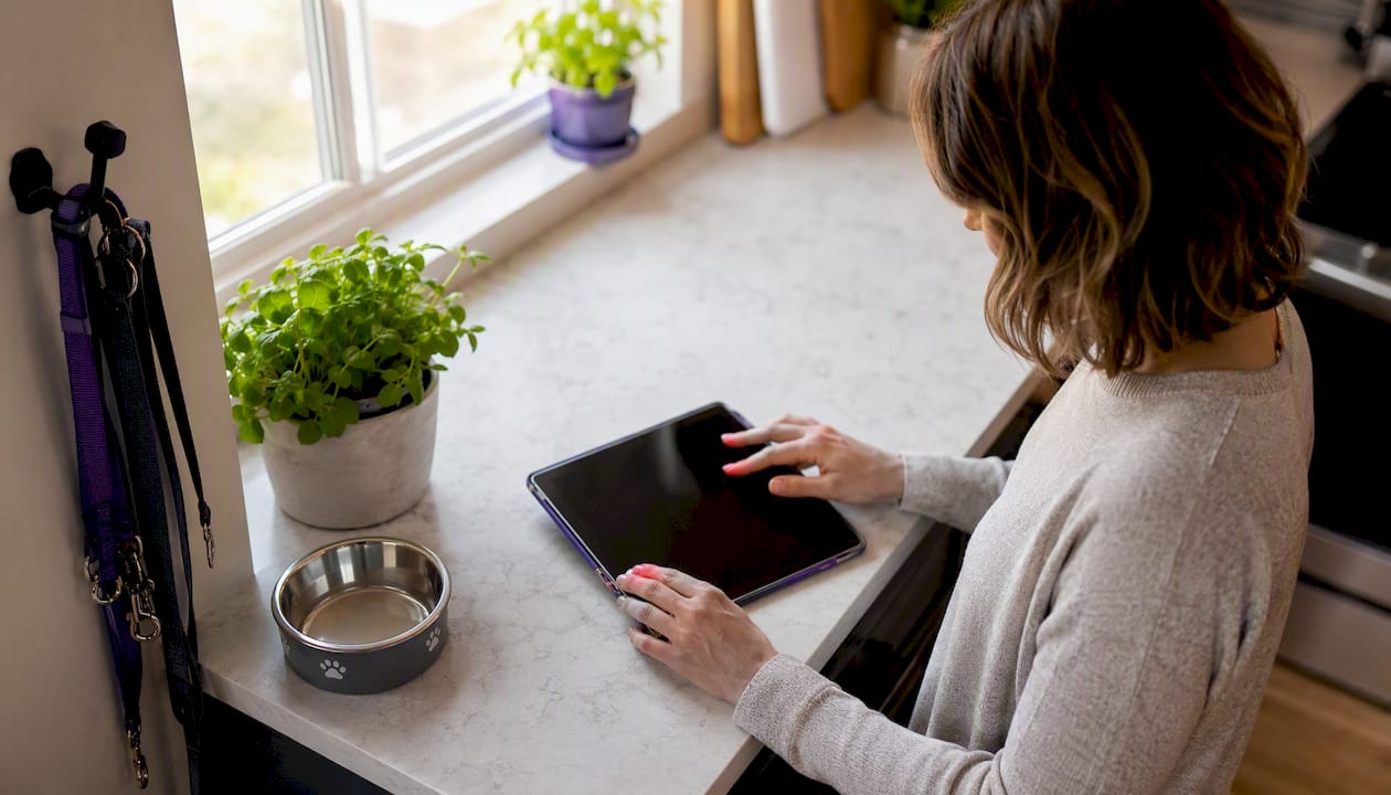 Pet owner arranging digital pet binder at home desk