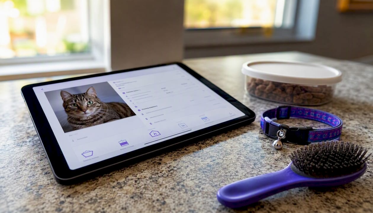 Tablet showing pet profile with medication and photo