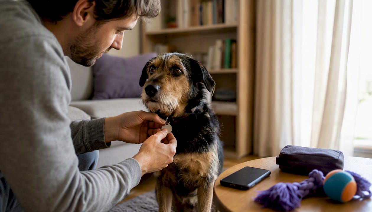 Hands holding dog collar tag near smartphone