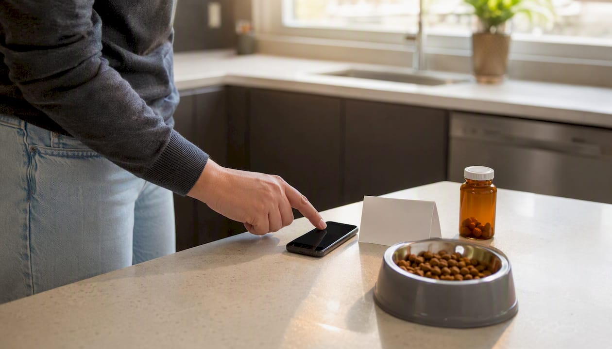 Hand pressing phone button near pet care items