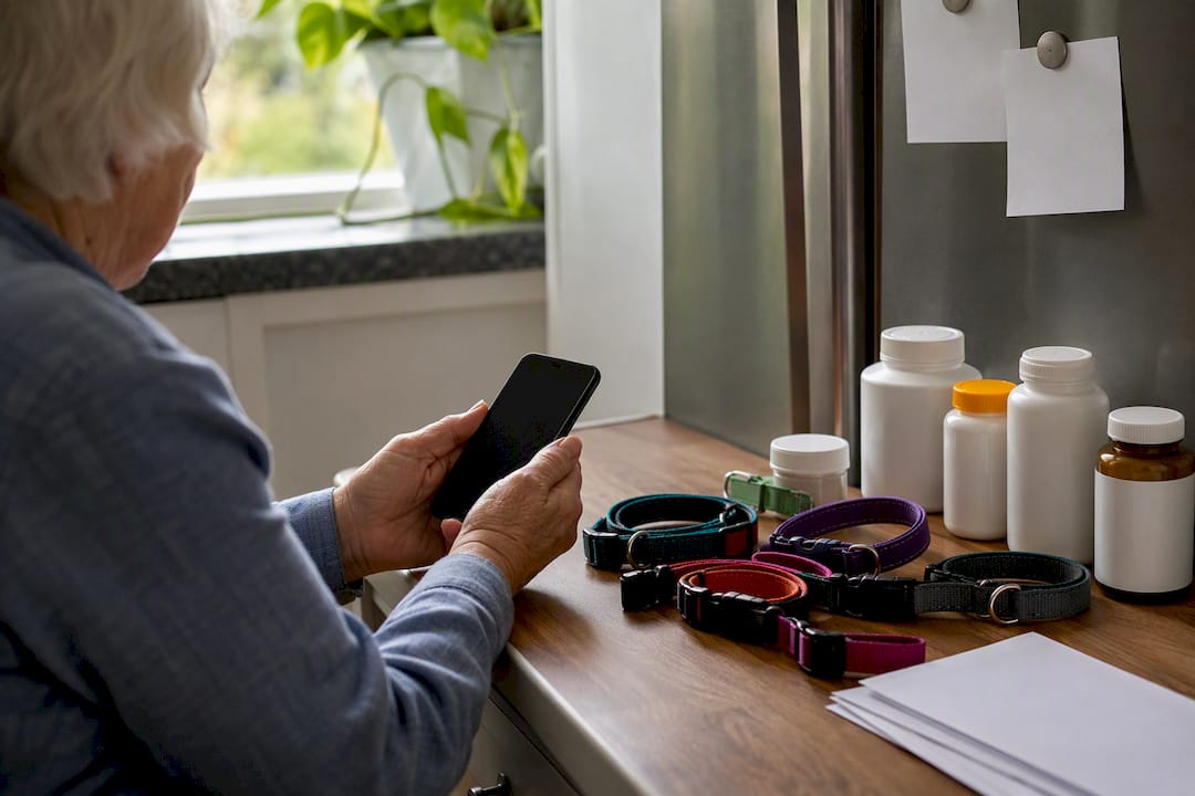 Hands holding phone near pet collars and medication