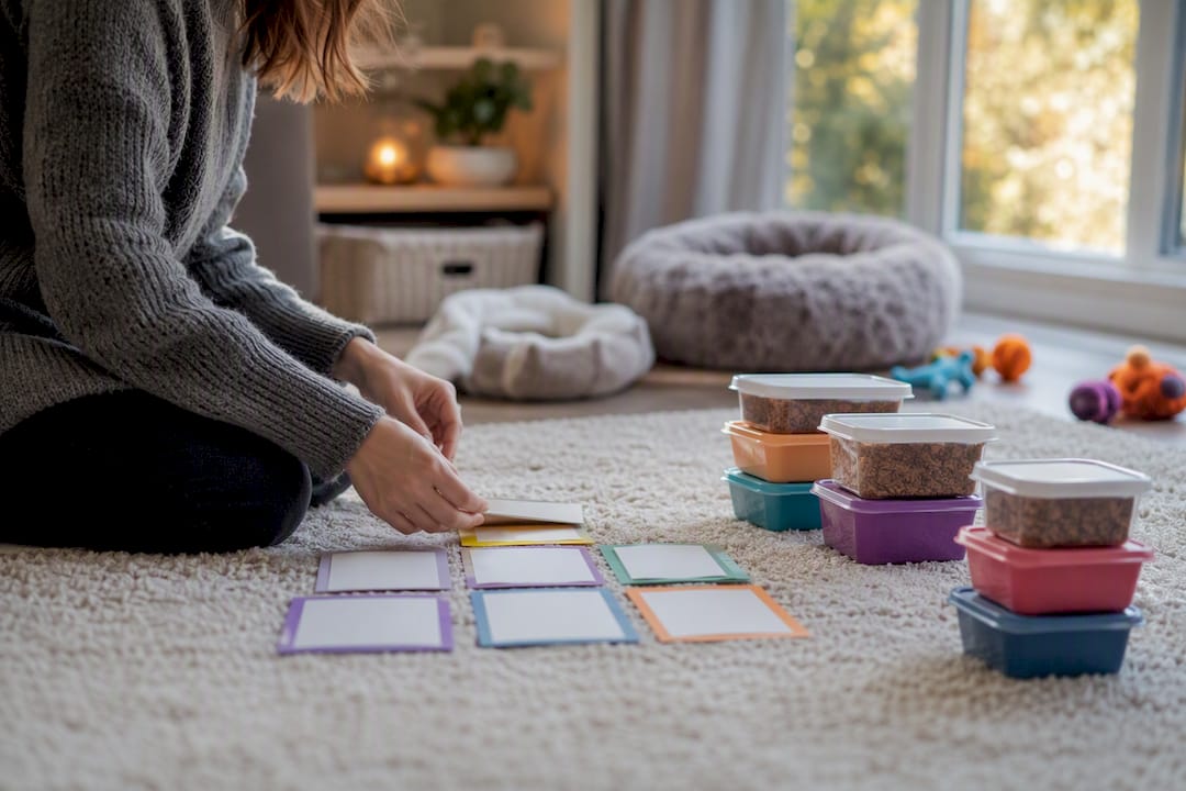 Hands arranging pet care cards and food containers