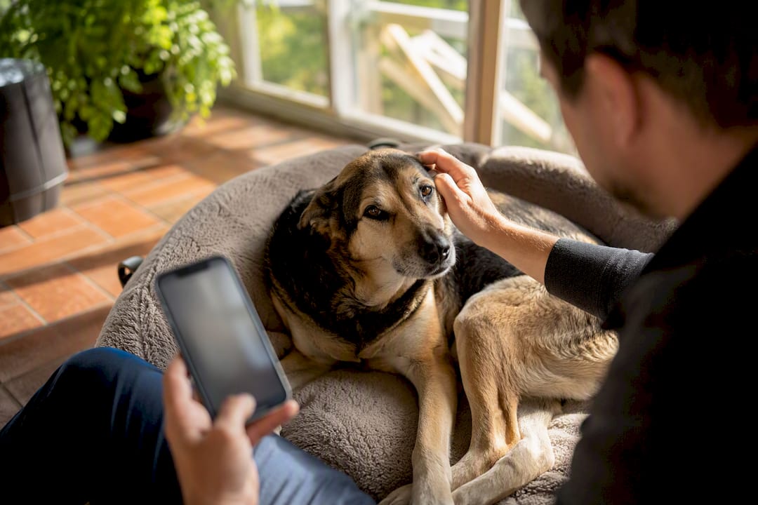 Hand petting dog near phone for check-in