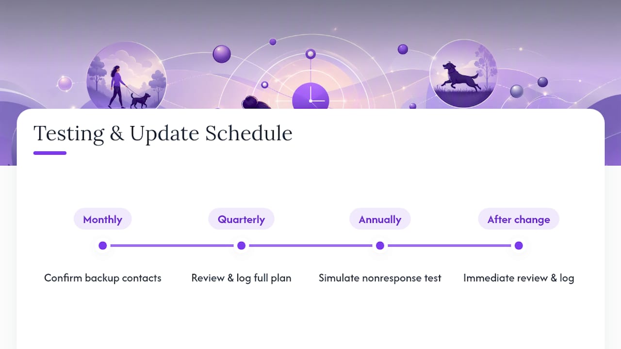 Timeline of pet emergency plan testing and update schedule