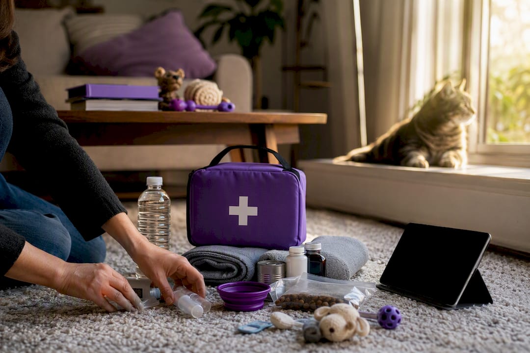 Hands arranging backup pet caregiver items