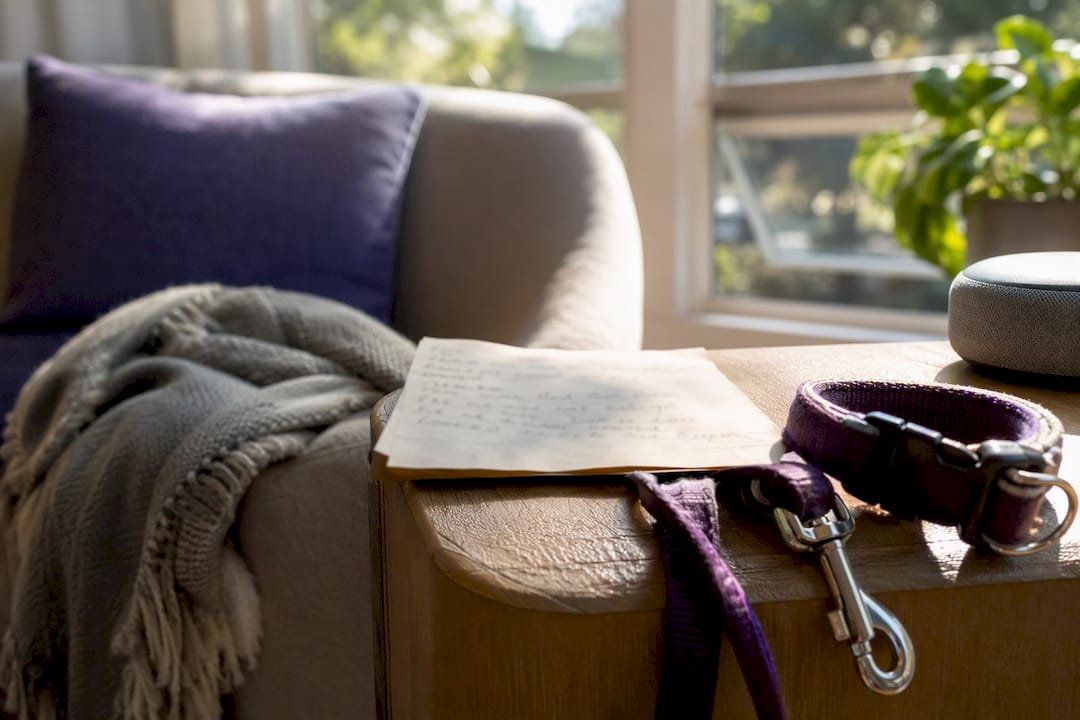 Pet care card and voice alert device on entryway table