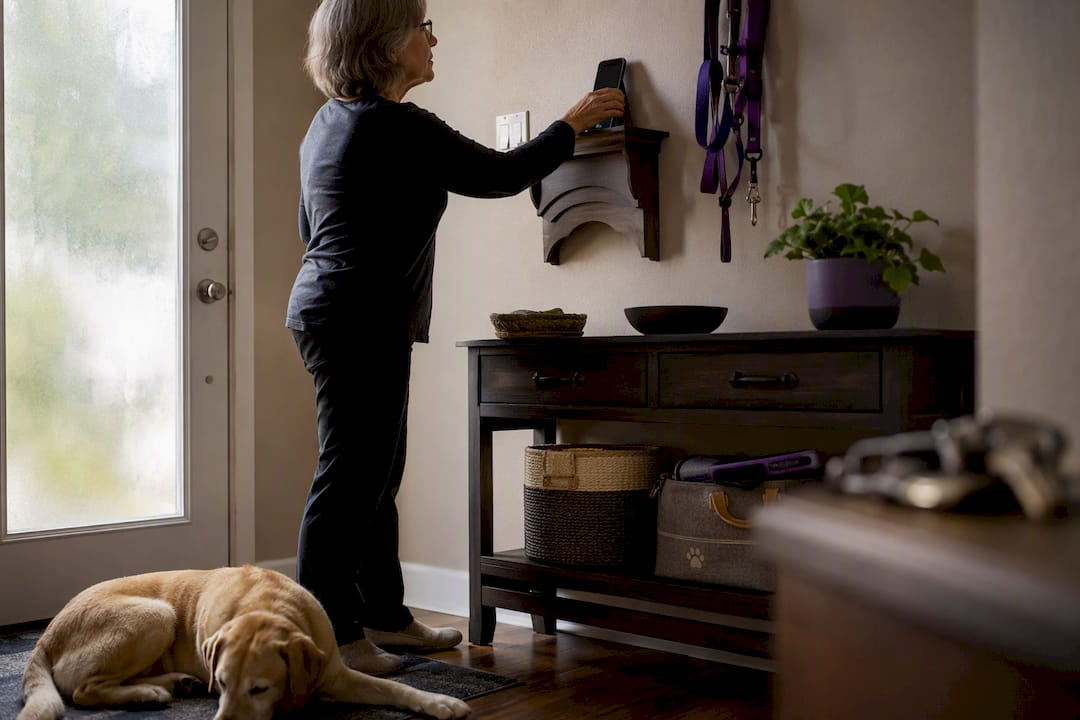Pet owner placing emergency alert device at home entry