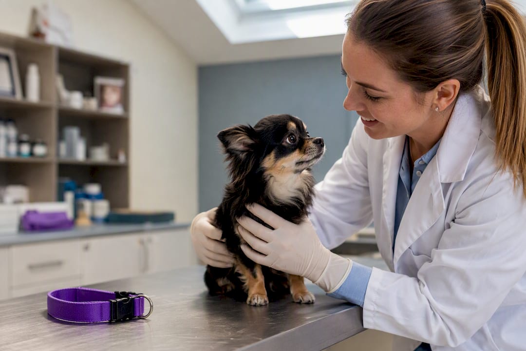 Veterinarian gently lifting small dog in clinic