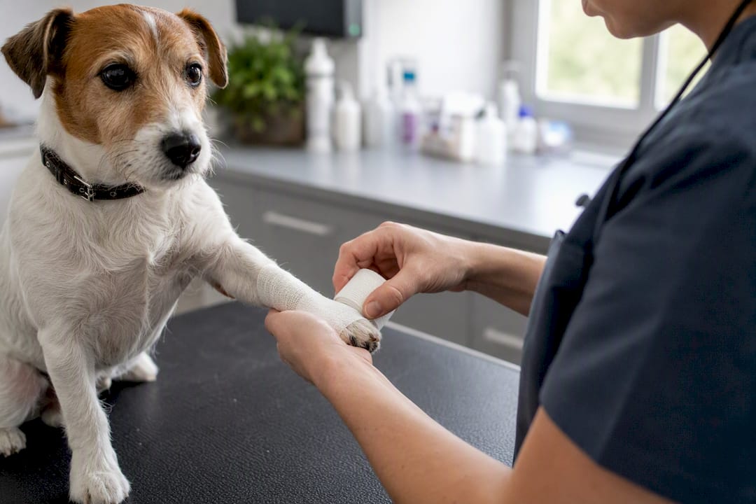 Vet wrapping dog's injured paw