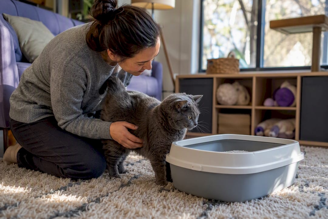 Owner observing cat near litter box attentively