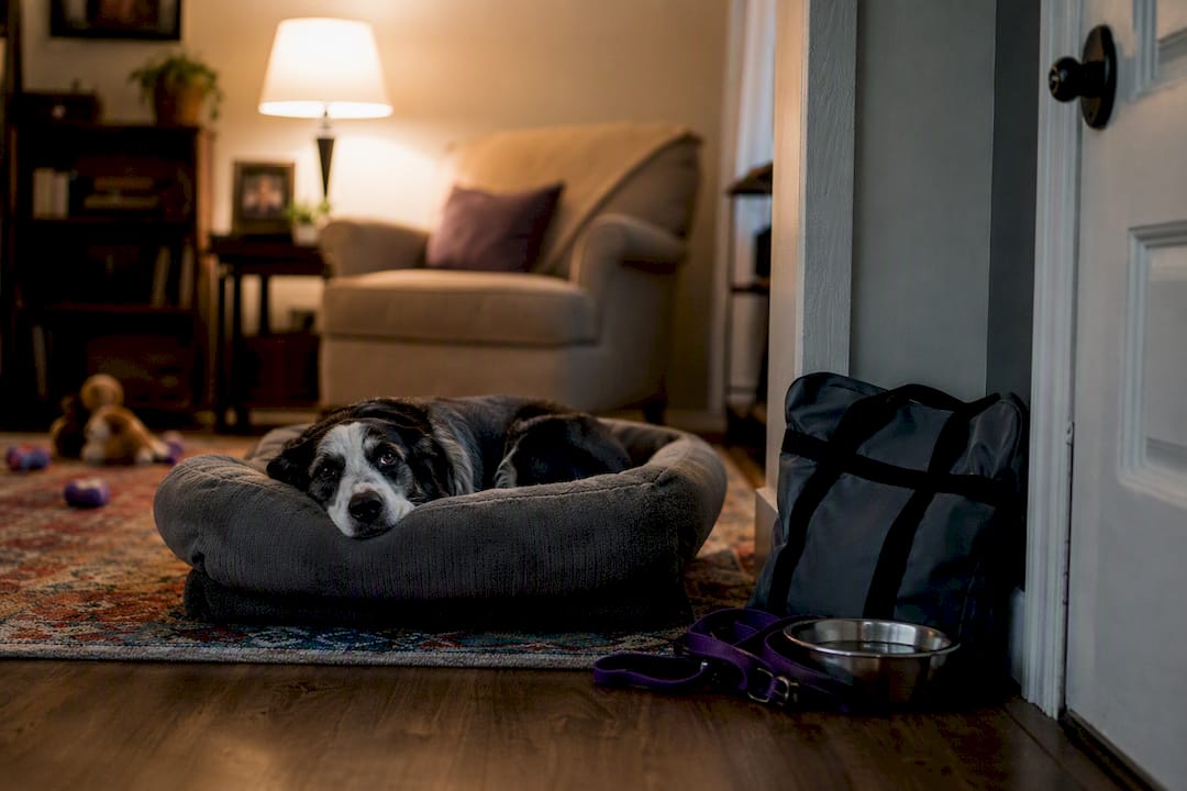 Dog resting at home near emergency supplies