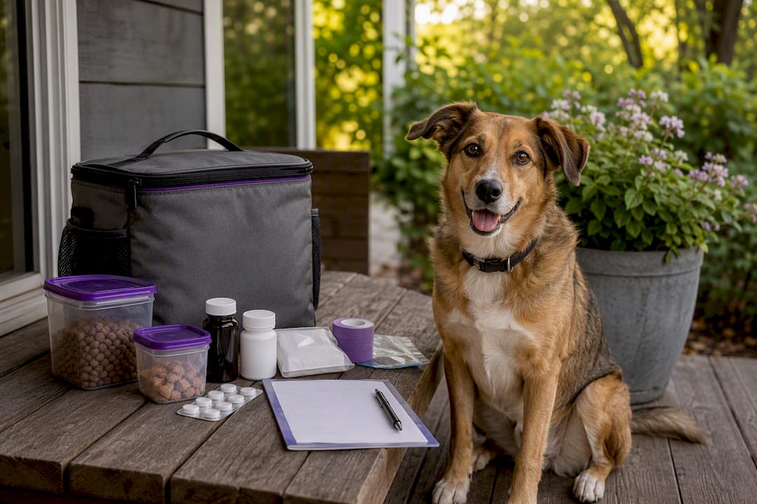 Dog sitting near pet emergency kit at home entryway