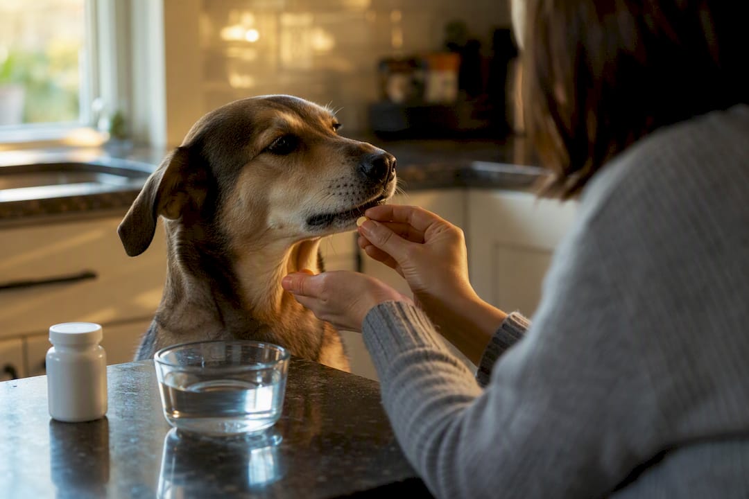 Hands giving medication to dog at home