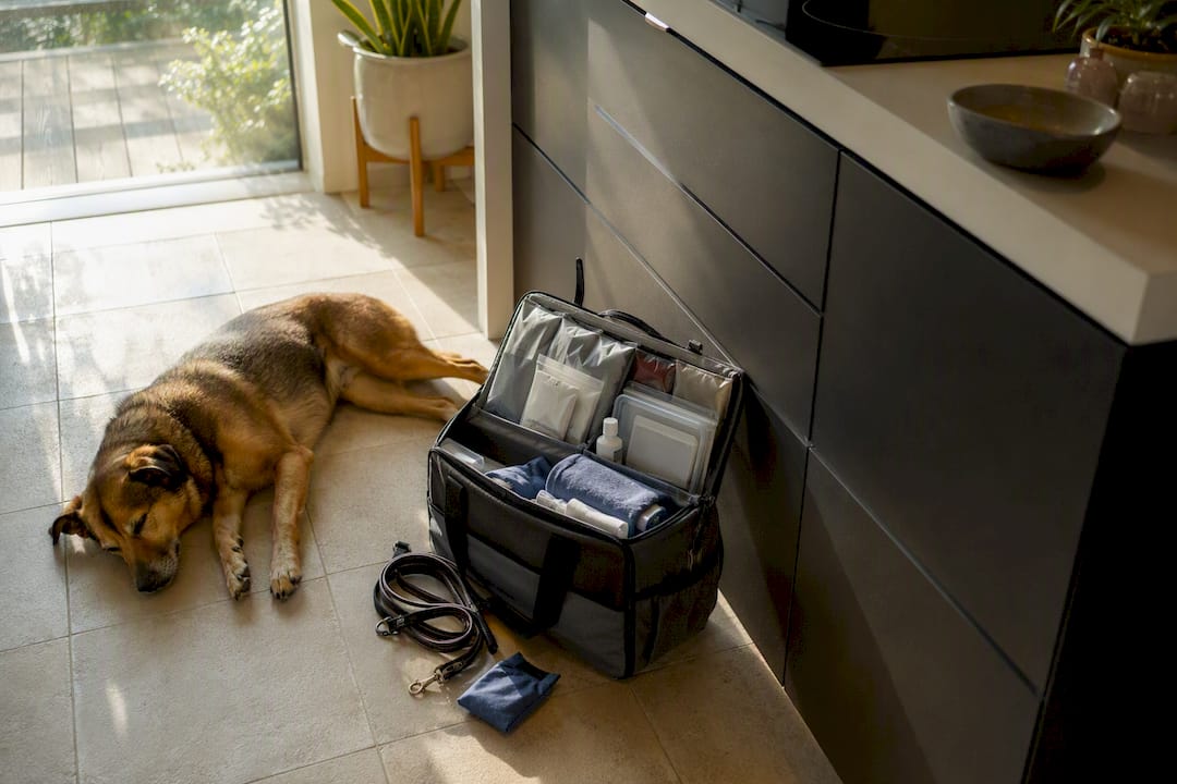 Pet emergency kit next to resting dog