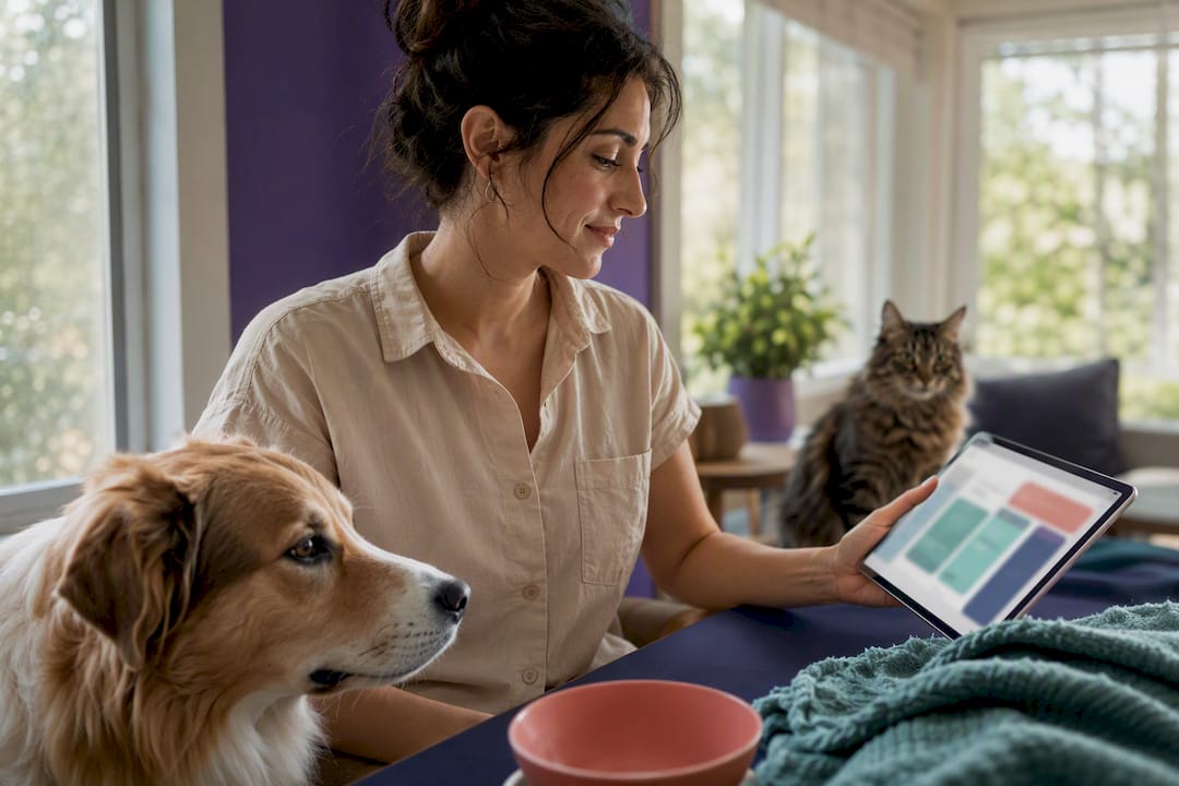 Solo pet owner managing profiles with pets nearby