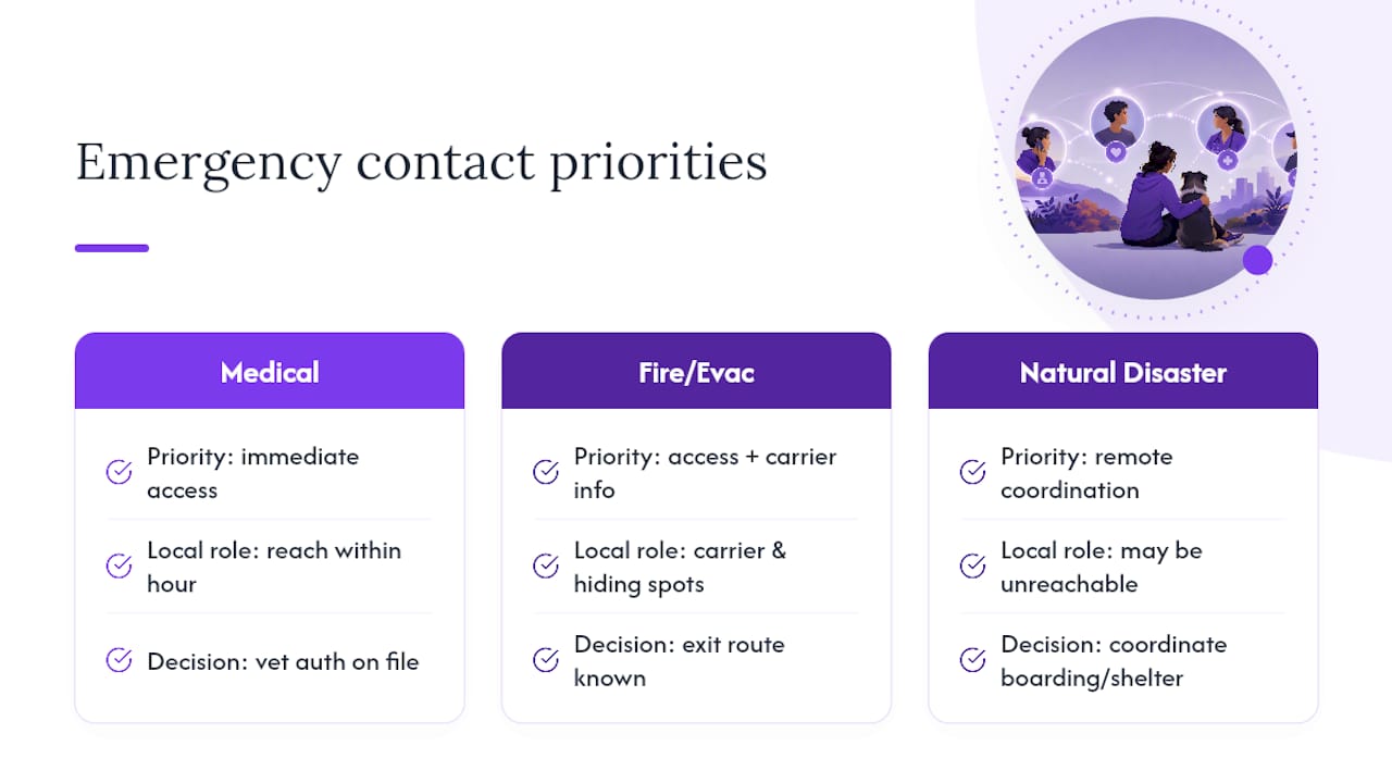 Three pet emergency scenarios and contact roles