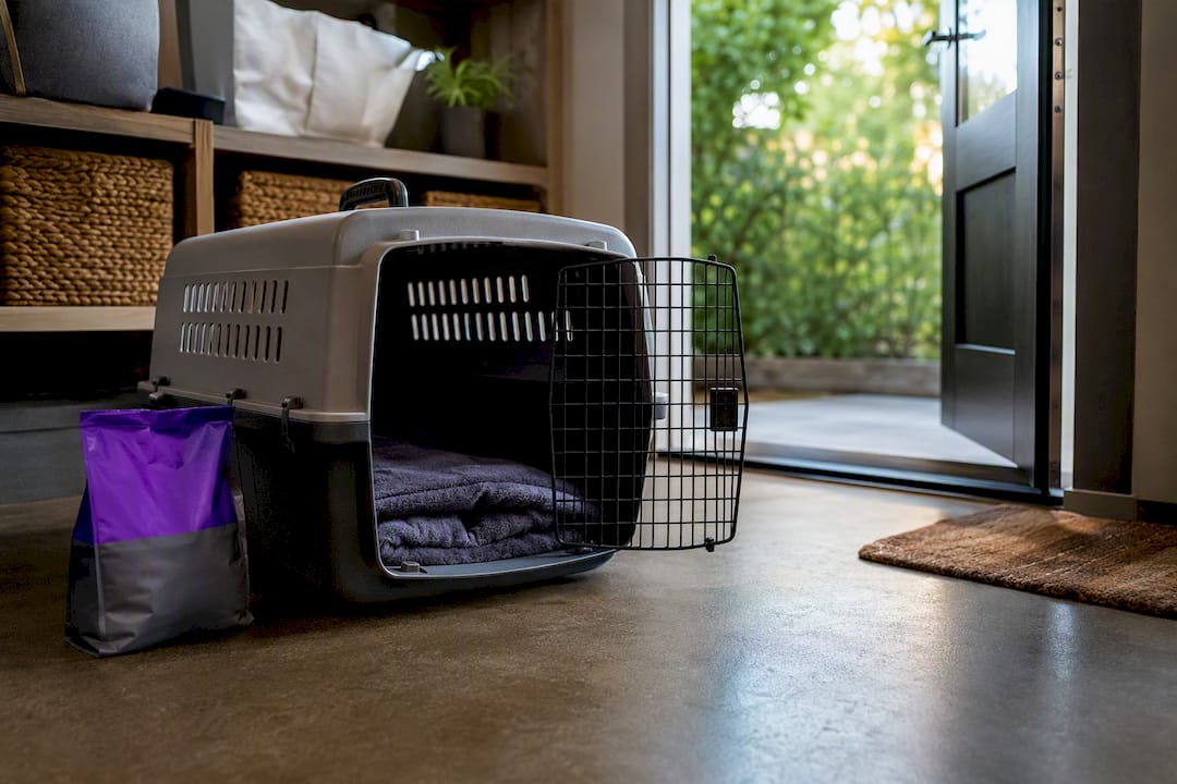 Pet carrier positioned beside an exit