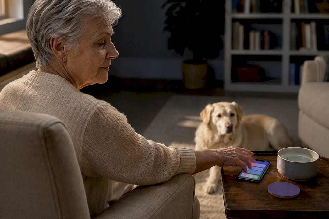 Senior pet owner checking an alert beside dog