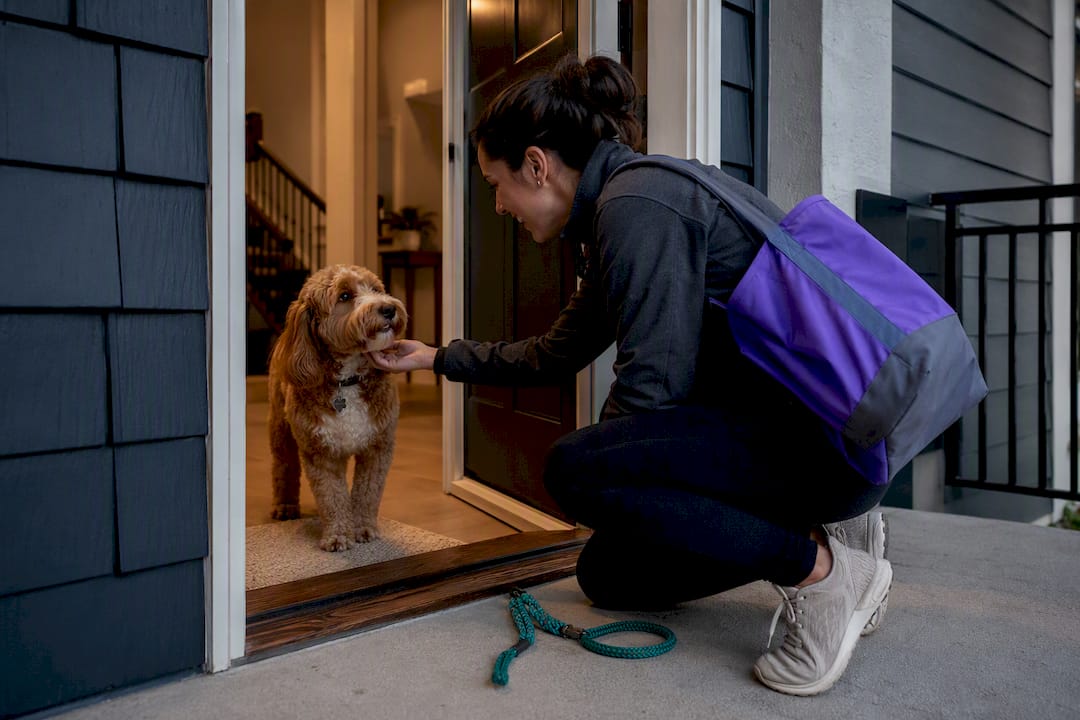 Caregiver greeting dog at home doorway