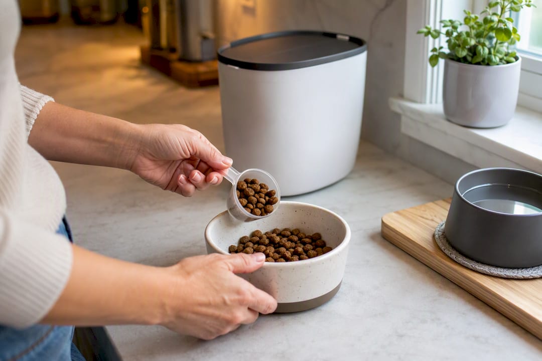 Hands measuring precise dog food portion