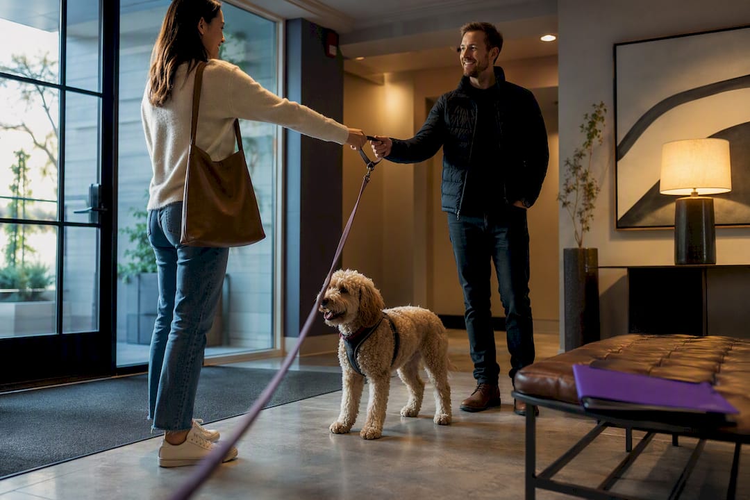 Neighbor receiving dog leash during care handoff
