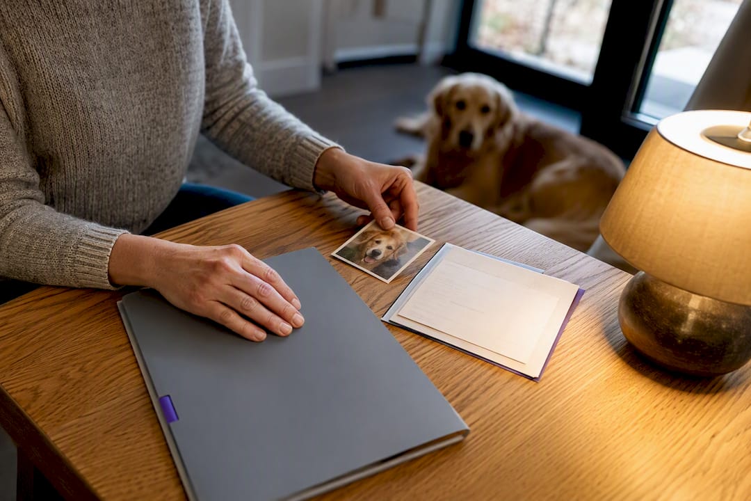 Pet owner organizing emergency profile materials