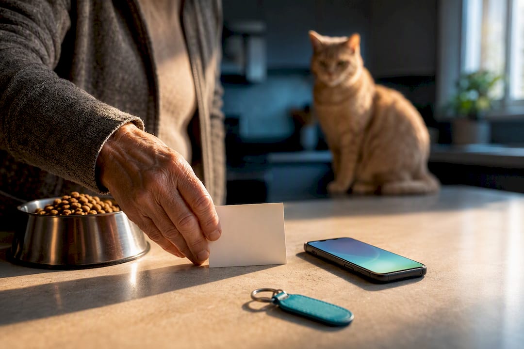 Senior preparing pet emergency information