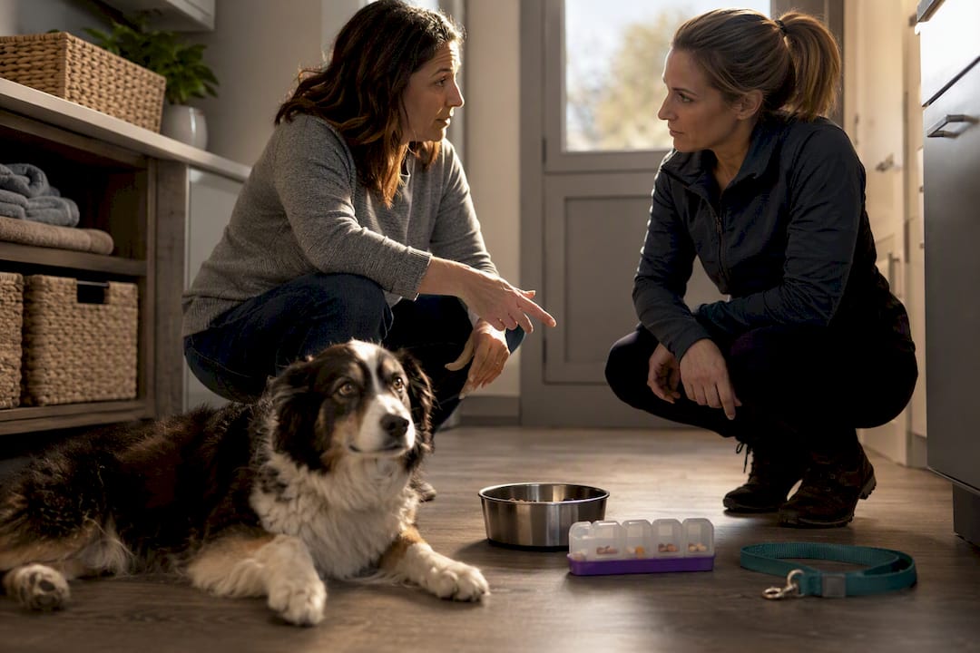 Pet owner briefing backup caregiver beside dog