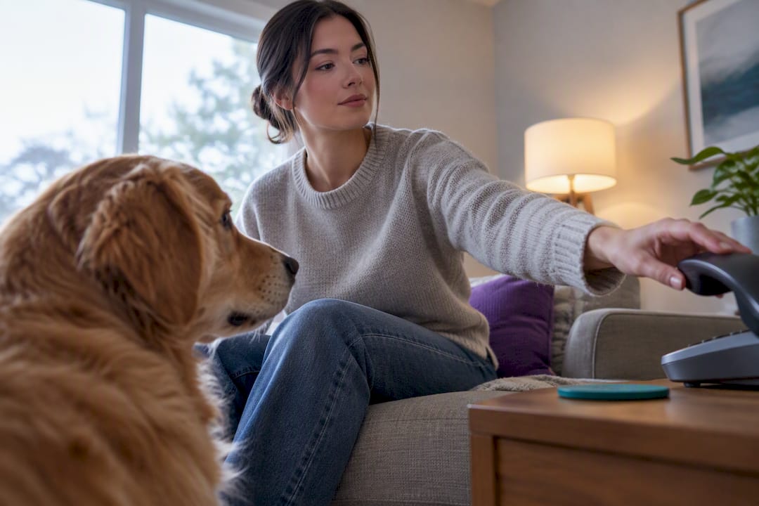 Pet owner answering landline alert call