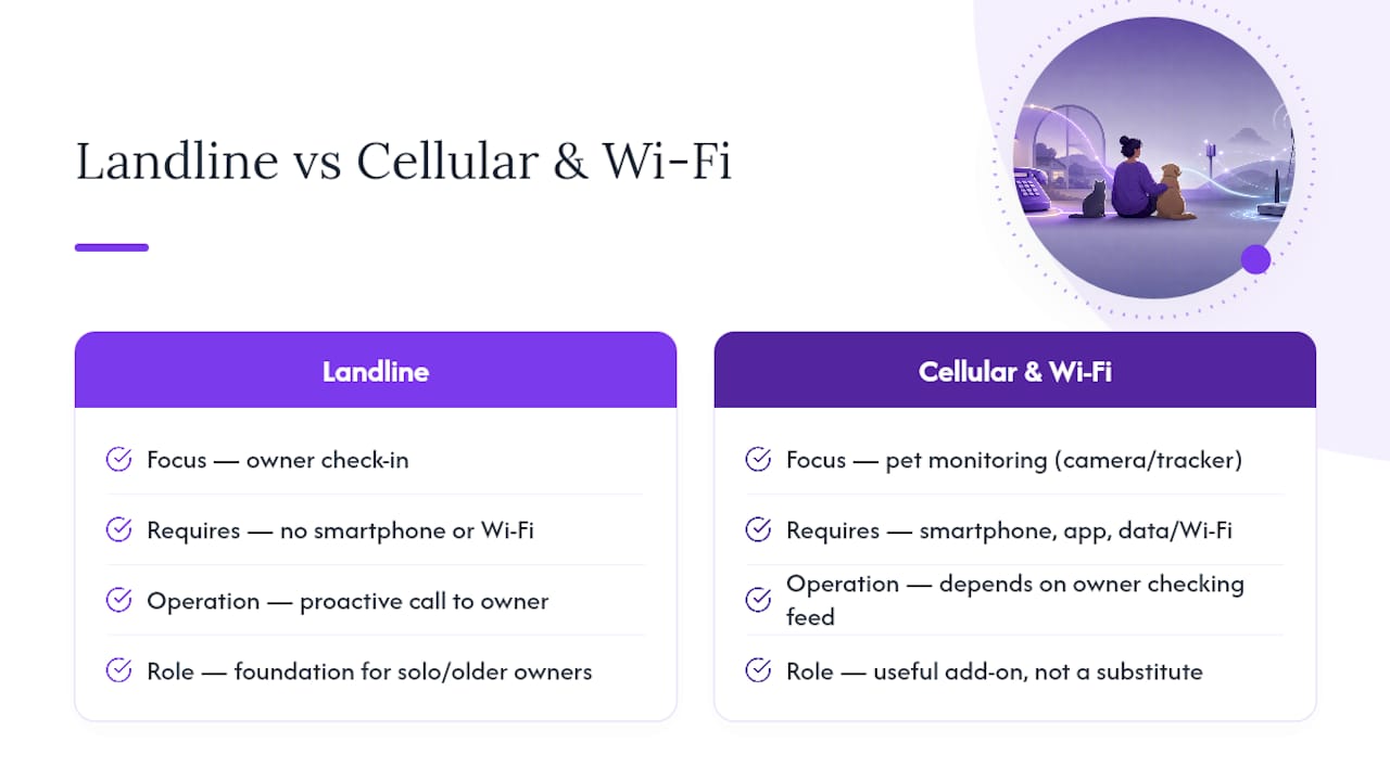 Landline Alerts vs. Cellular and Wi-Fi Pet Devices — overview diagram